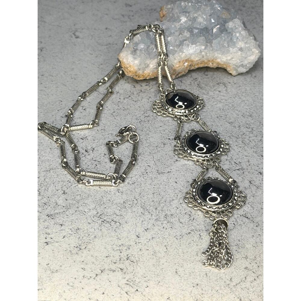 Vintage Hobe Silvertone Necklace Art Deco Tassel black round layering Victorian